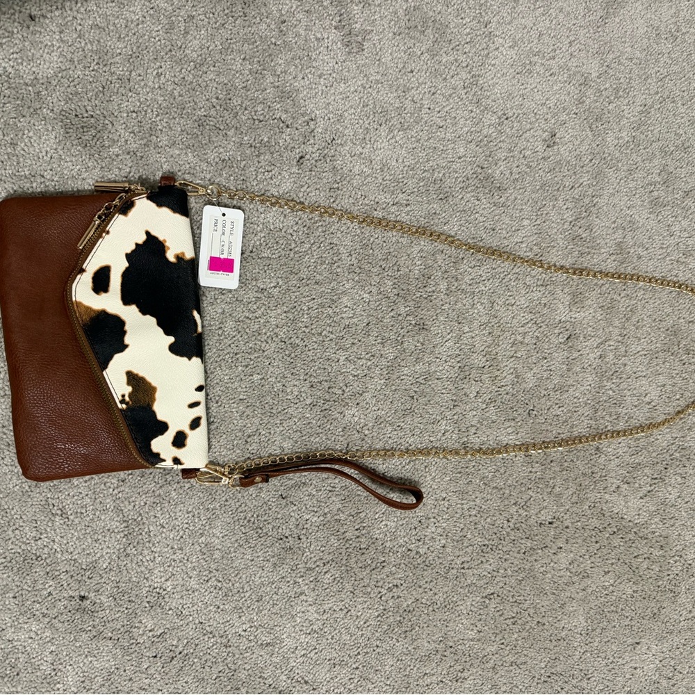 Elegant Brown and Cow Print Crossbody Bag